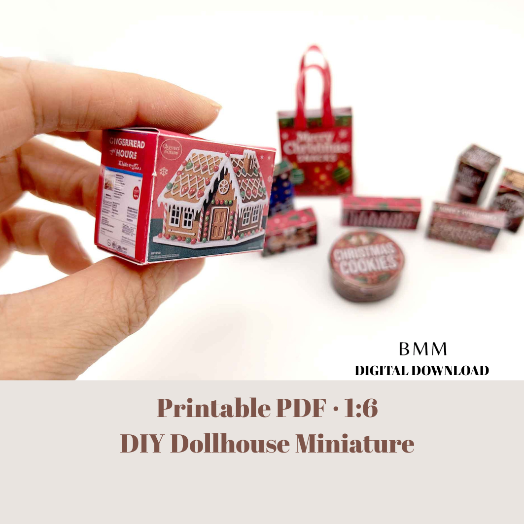 Christmas Snack Packaging 1:6 scale dollhouse food, 8 snack box and 1 bag, ginger bread house, candy canes, cookie, Hot chocolate