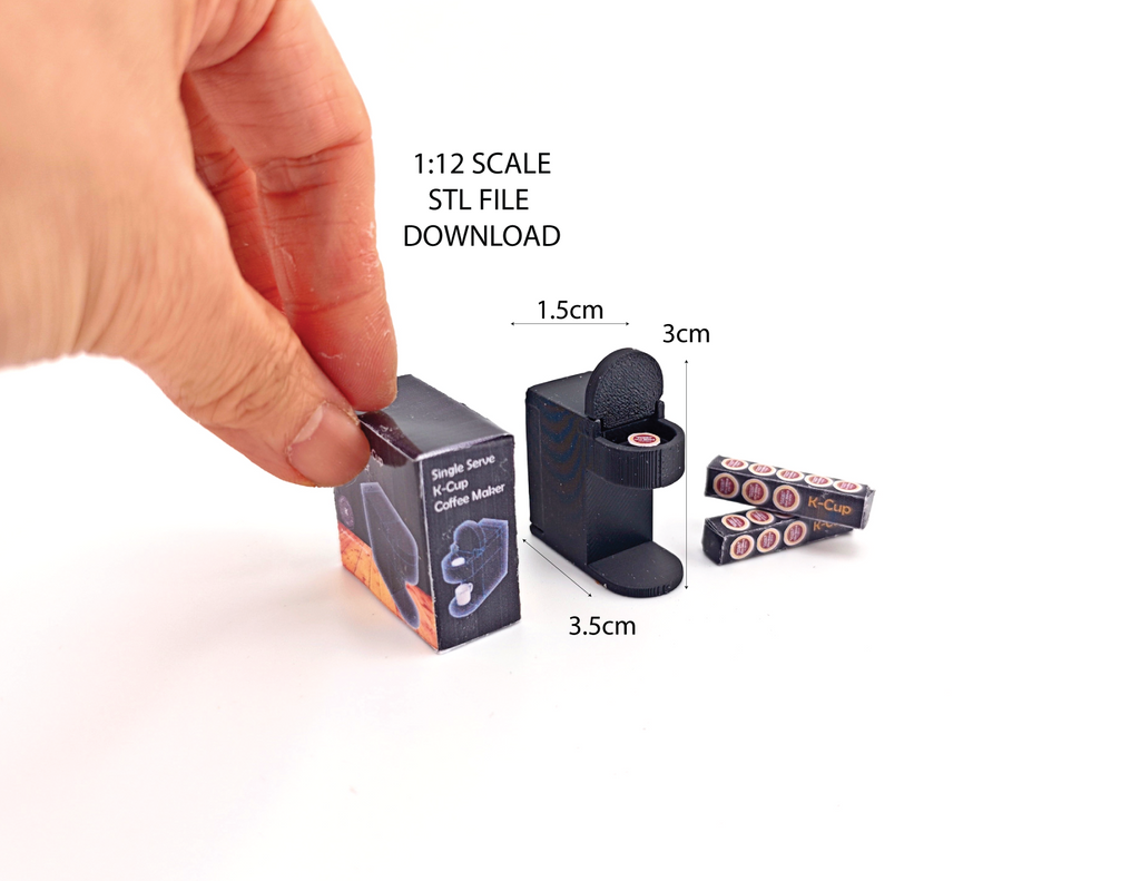 1:12 openable coffee maker and k cup capsule plus box, miniatures, kitchen applicants, mini cooking, real cook, 3D printing STL