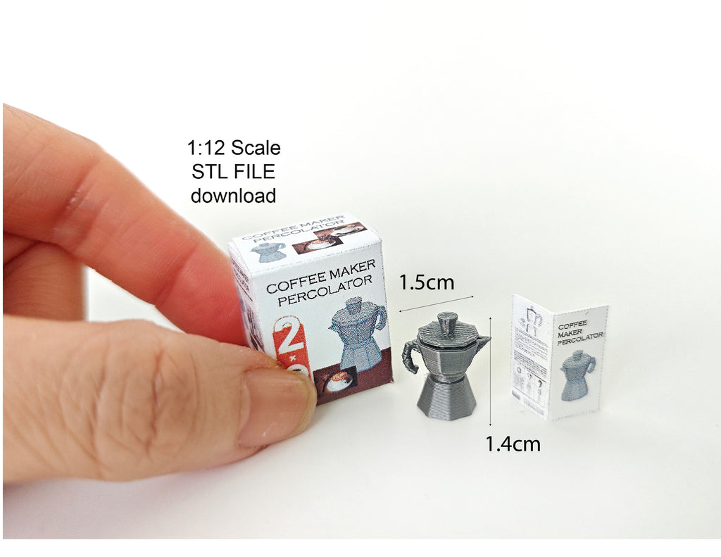 A 1:12 scale 3D-printed dollhouse coffee bar setup featuring a stove-top coffee maker, mini cookware, and a pot, with printable packaging and manual, arranged to create a detailed miniature kitchen or coffee scene for dollhouse decoration.