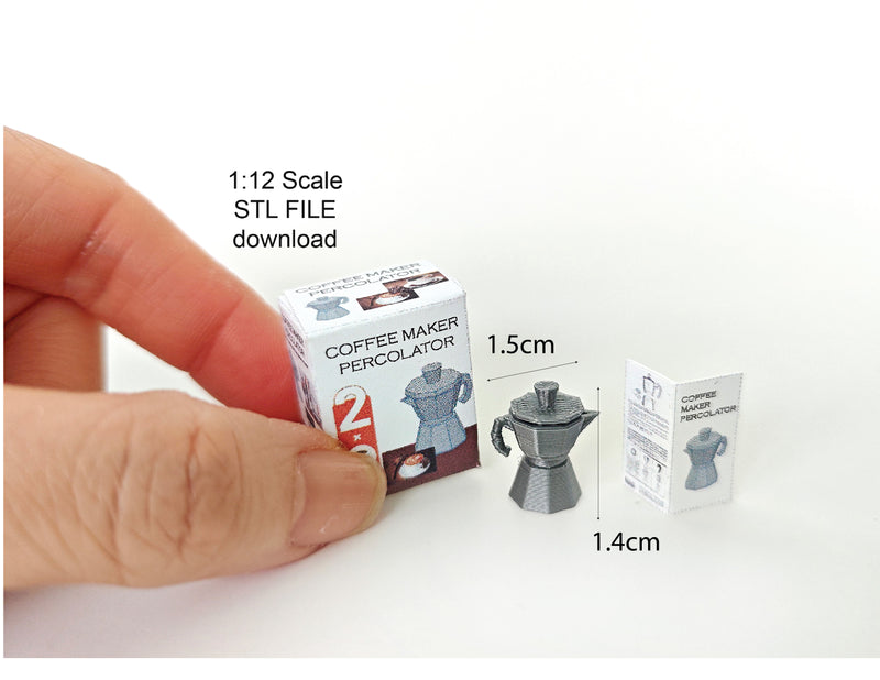 A 1:12 scale 3D-printed dollhouse coffee bar setup featuring a stove-top coffee maker, mini cookware, and a pot, with printable packaging and manual, arranged to create a detailed miniature kitchen or coffee scene for dollhouse decoration.