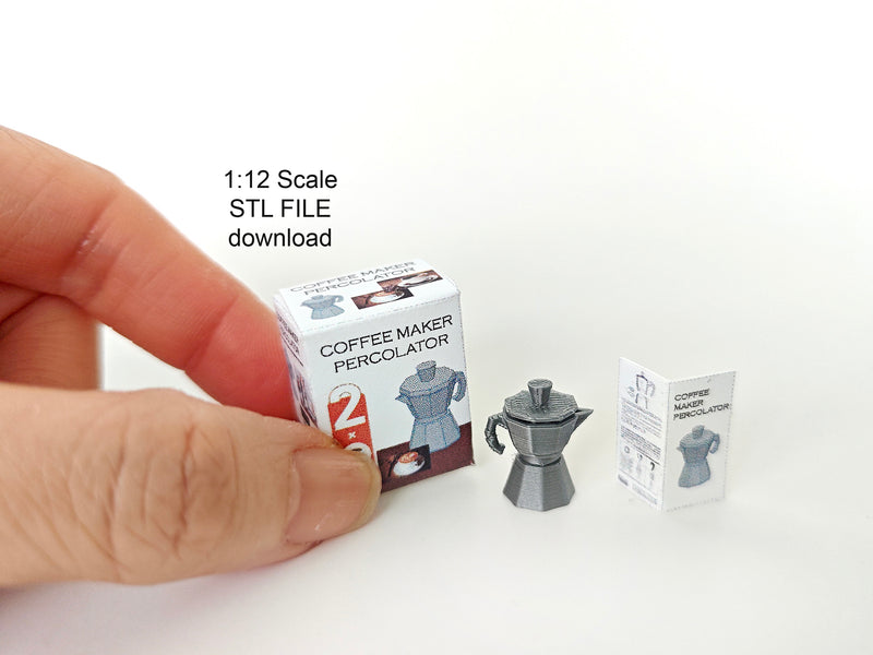 A 1:12 scale 3D-printed dollhouse coffee bar setup featuring a stove-top coffee maker, mini cookware, and a pot, with printable packaging and manual, arranged to create a detailed miniature kitchen or coffee scene for dollhouse decoration.