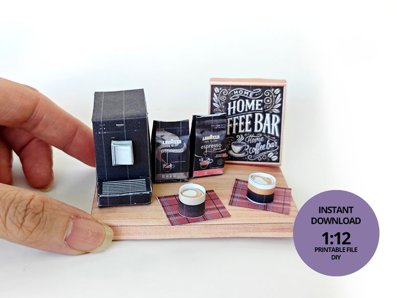 A 1:12 scale printable dollhouse Home Coffee Bar set with nine items, including a coffee machine, coffee bags, coffee cup, and desk tools, arranged for a miniature office or kitchen coffee bar diorama.