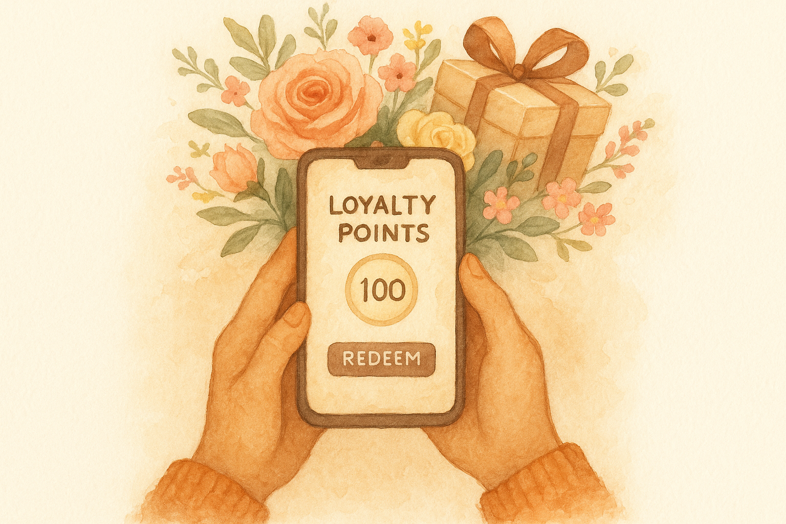cozy detail image of a customer redeems the point on the phone, there is a flower and gift box came out from the back of the phone, in white background and water print style