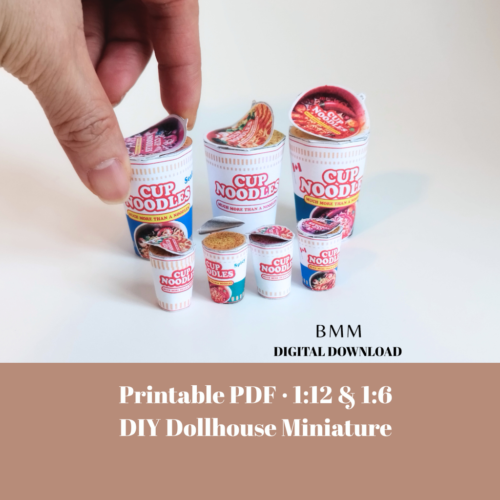 1:6 Scale Instant Cup Noodles Set – Printable Dollhouse Miniature Food (Digital Download)