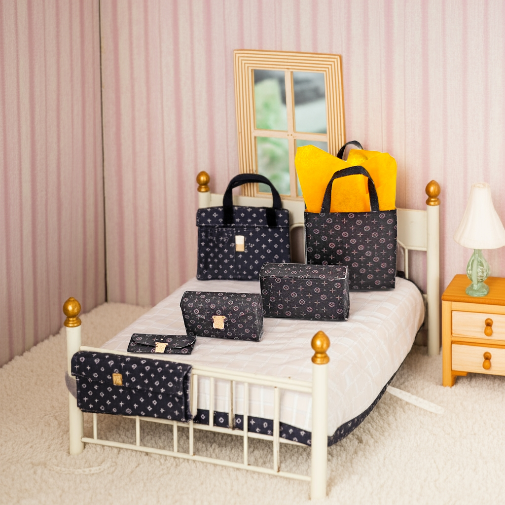 1:12 Luxury brands bags, purse and boxes for dollhouse and department store, 5 items miniatures, luxury house decorations