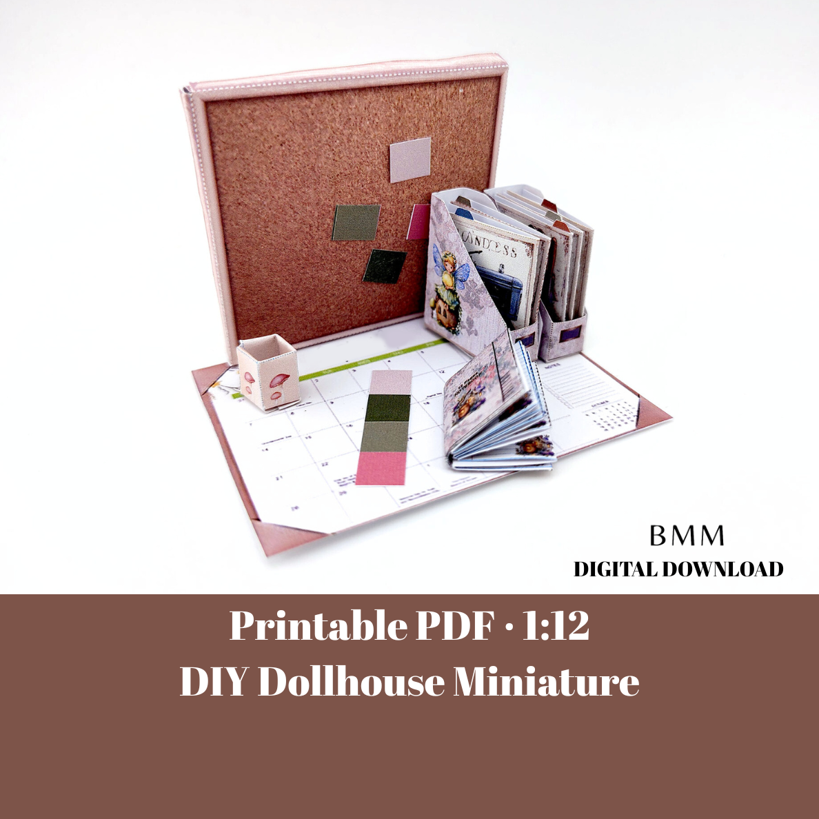 1:12 Scale Spring Desk Stationery Set – Printable Dollhouse Miniatures (PDF Download, 6 Items)