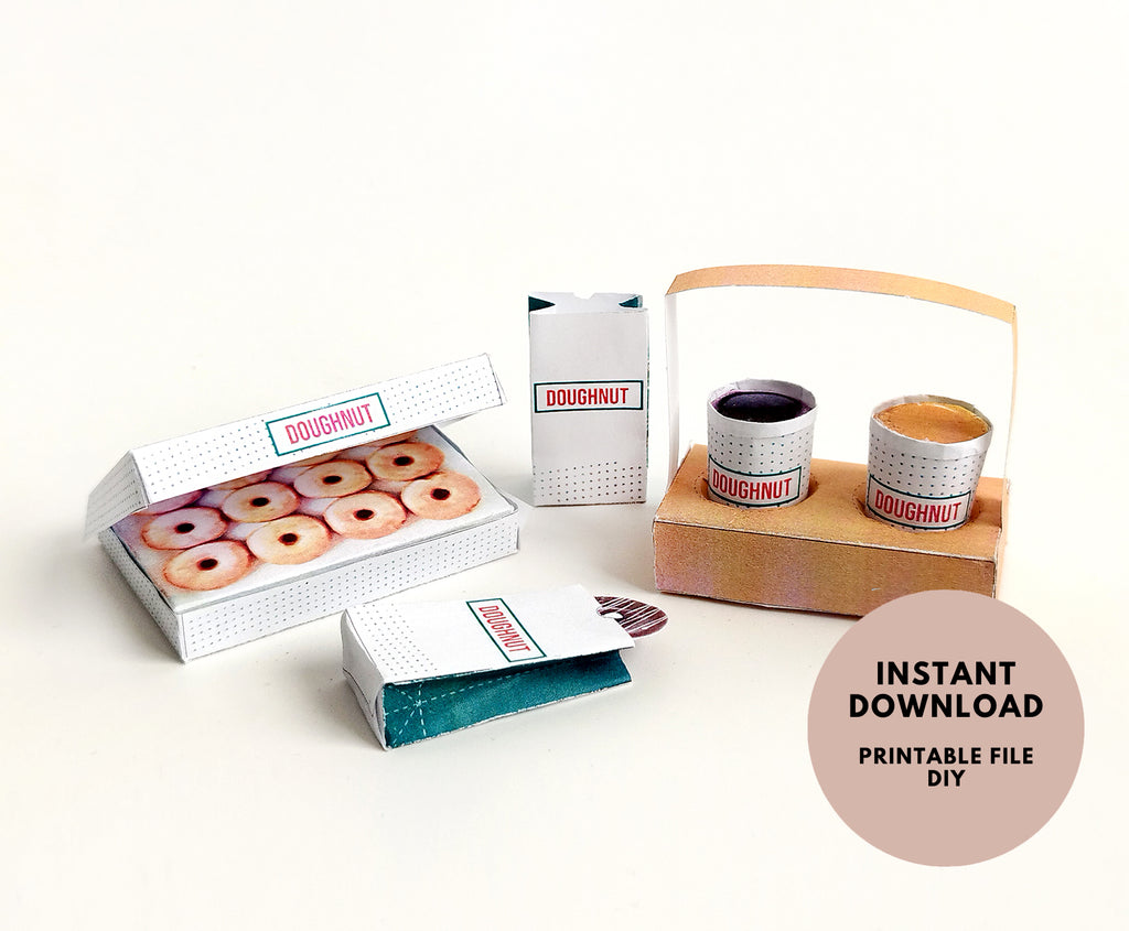 Printable dollhouse fast food set with doughnuts, coffee, and tray, DIY miniature template for dolls.