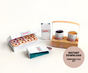 Printable dollhouse fast food set with doughnuts, coffee, and tray, DIY miniature template for dolls.