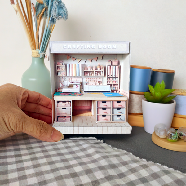 Pink crafting crafteing Room  pickscene apartment, pickscene room, sewing, paper craft, table, affordable doll house miniature kit