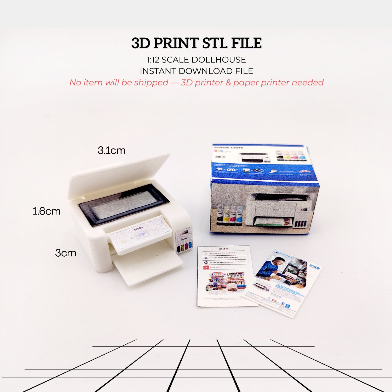 1:12 Ecotank printer for small office and home, books and prints are included, office equipment, office diorama
