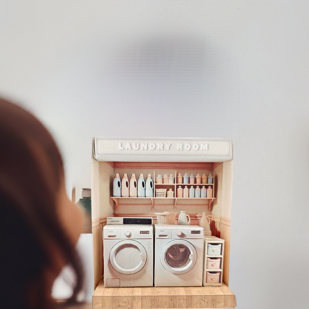 Pick Scene Pink Laundry Room -pink room, laundry room, washing machine and dryer, affordable doll house miniature kit, PickScene Apartment