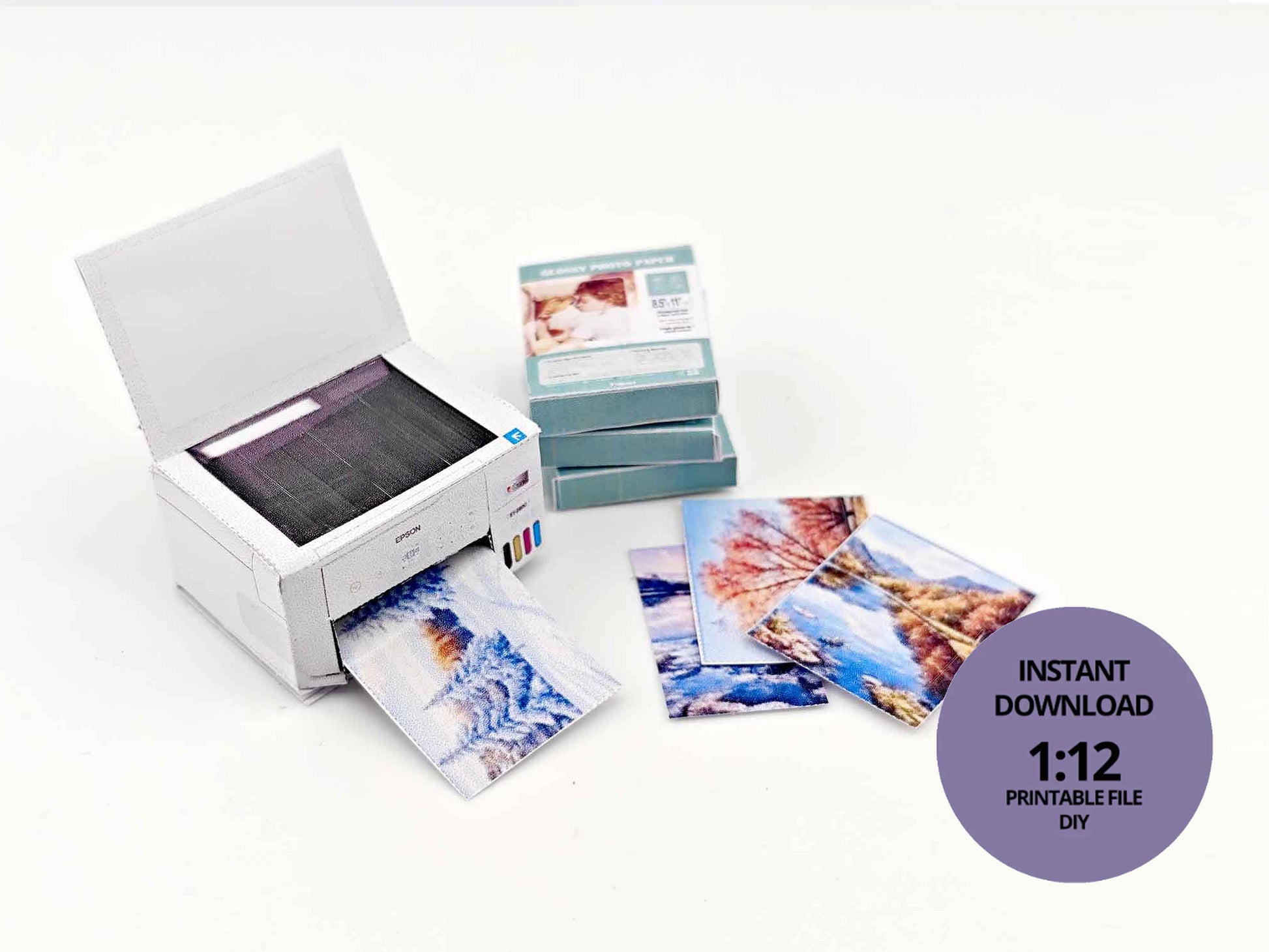 1:12 Mini Printer with Four Seasons Paper — Perfect for Dollhouse Crafting & Study Rooms