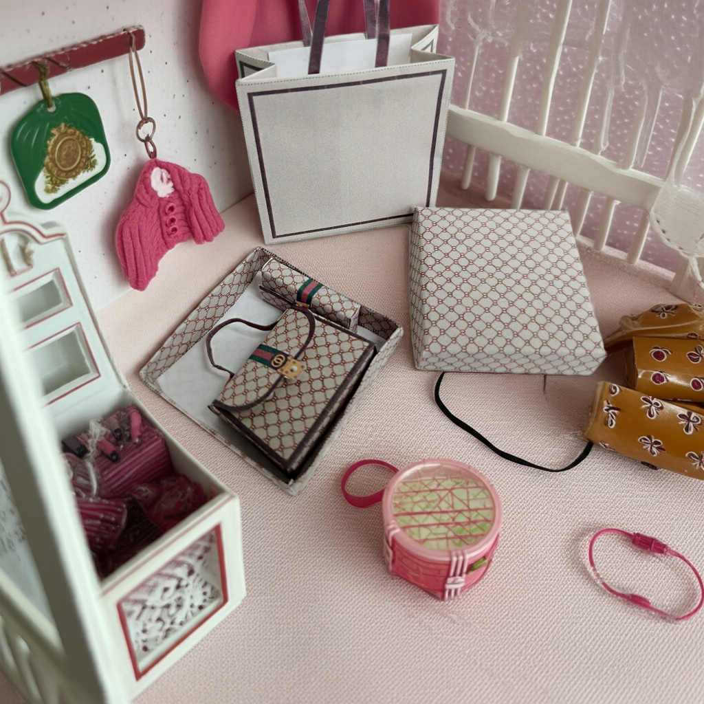 1:6 Luxury brands  brown bags, purse and boxes for dollhouse and department store, 4 items, luxury house decorations,  yearly ornament