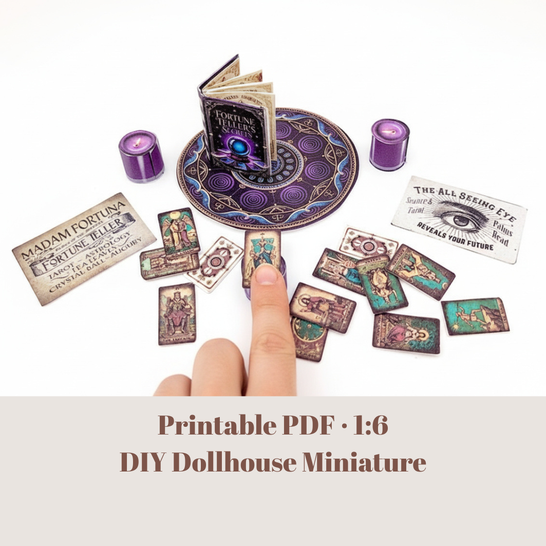 1:6 Fortune Teller Miniature Set — Purple Magic Book, Tarot Cards, Candles, Signs & Wizard Tools
