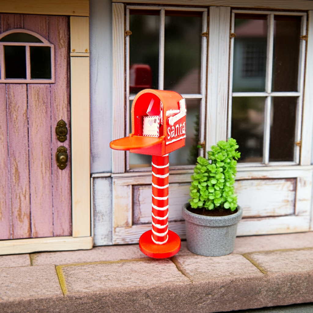 Openable Santa Christmas Mail Box with Envelope and Christmas card for 1:12 dollhouse outdoor decoration, mechanic 3d toy