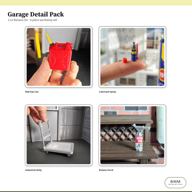 1:12 Garage Detail Pack what’s in the box — gas can, lubricant, dolly and torch