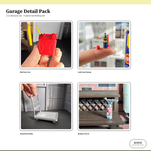 1:12 Garage Detail Pack what’s in the box — gas can, lubricant, dolly and torch