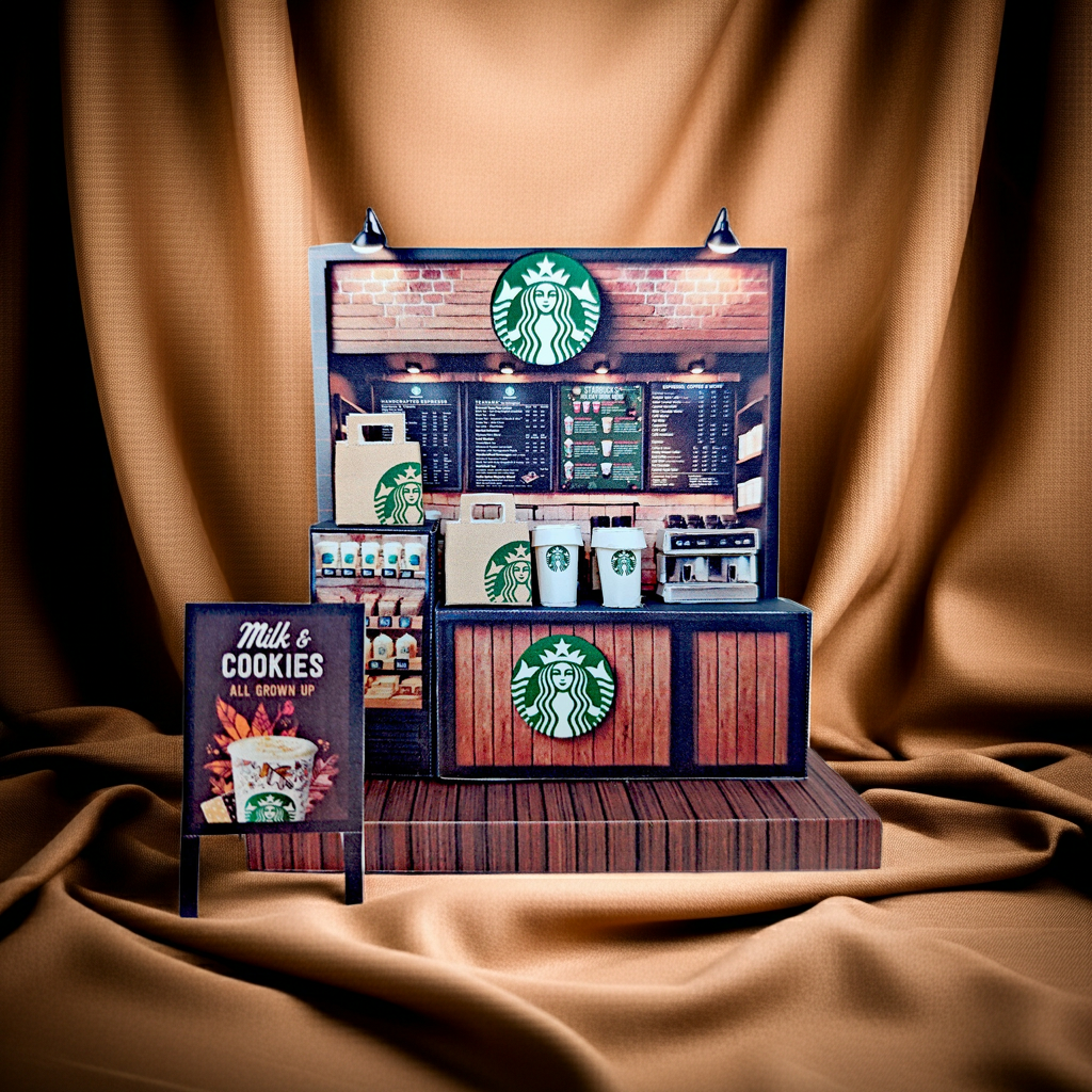 Starbucks coffee shop-  DIY miniature stand craft kit, coffee cup, coffee machine, paper bags, 3 inches doll scenery