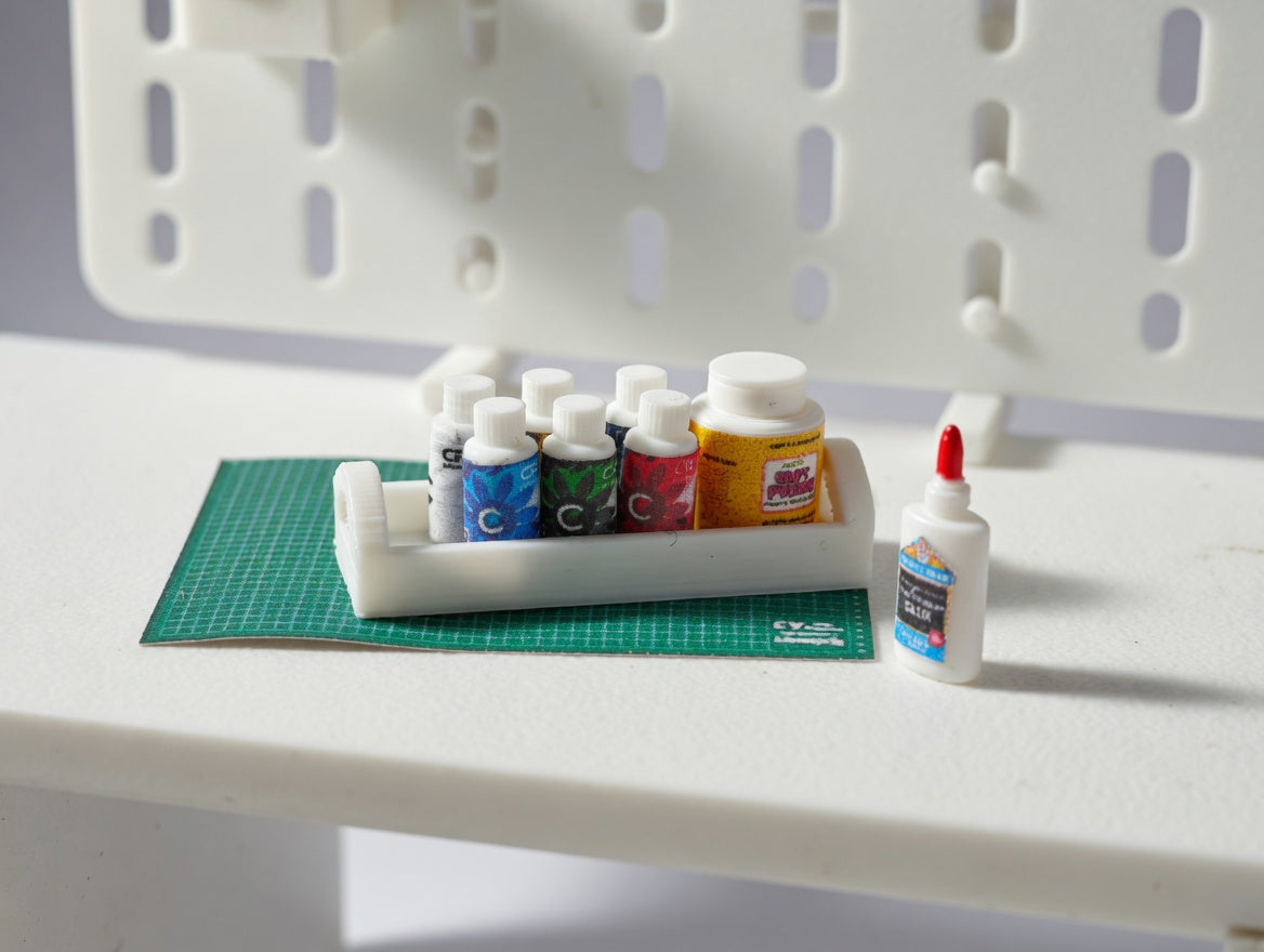 1:12 Scale Miniature Paint Set, Acrylic Bottles, Glue, Tray, Dollhouse Craft Room Decor (Physical Product)