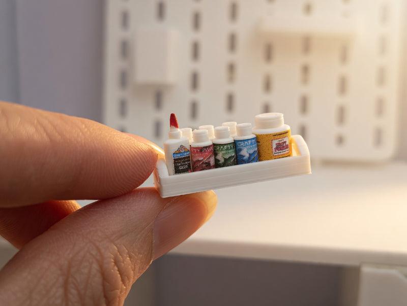 1:12 Scale Miniature Paint Set, Acrylic Bottles, Glue, Tray, Dollhouse Craft Room Decor (Physical Product)