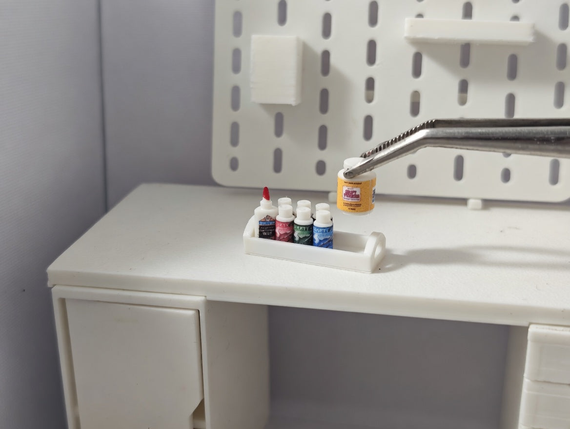 1:12 Scale Miniature Paint Set, Acrylic Bottles, Glue, Tray, Dollhouse Craft Room Decor (Physical Product)