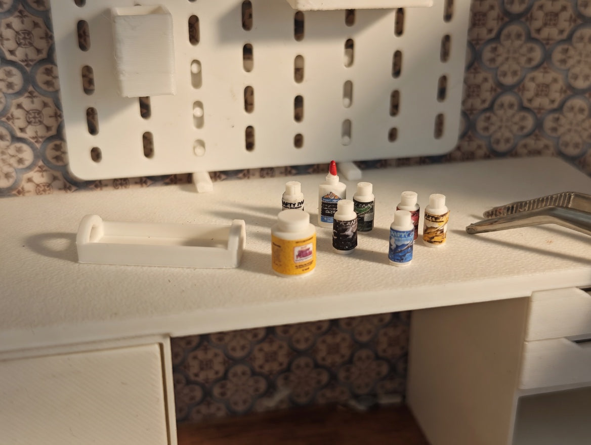 1:12 Scale Miniature Paint Set, Acrylic Bottles, Glue, Tray, Dollhouse Craft Room Decor (Physical Product)