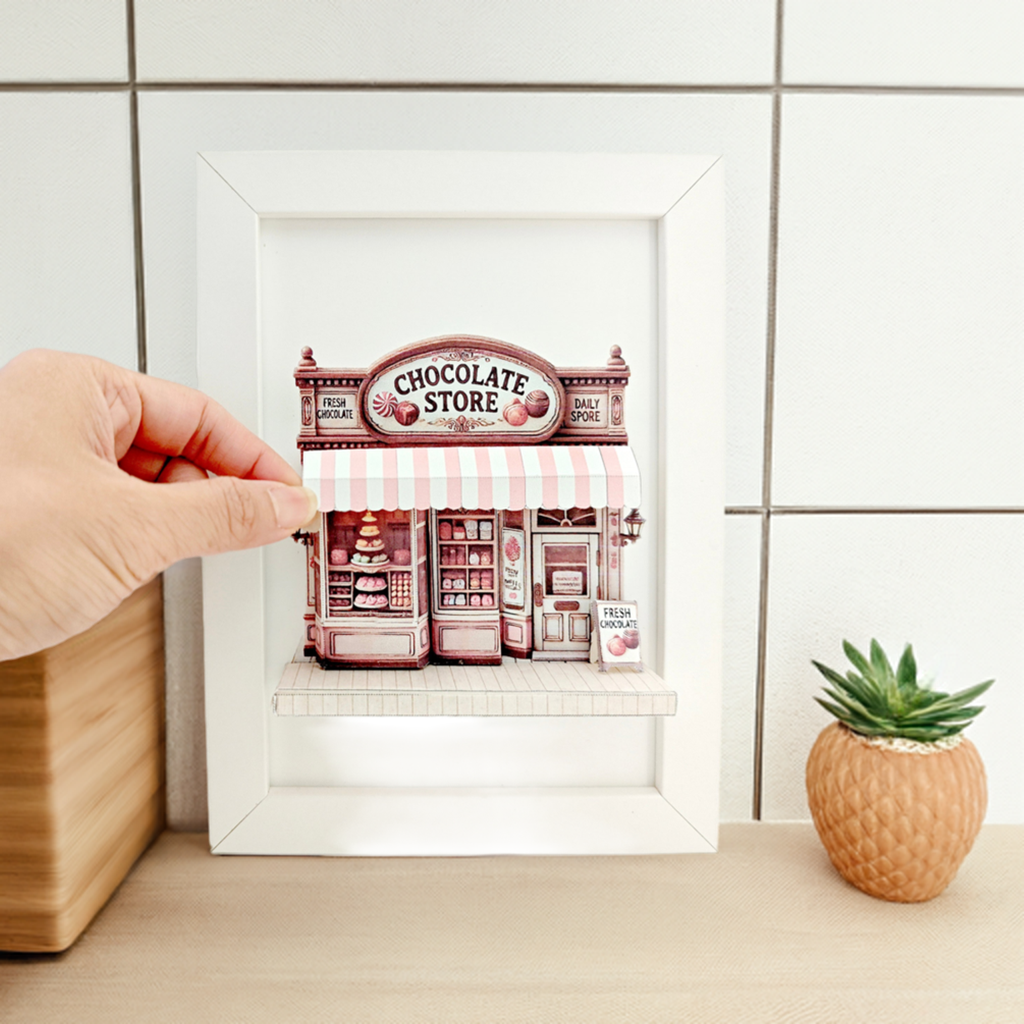 -5x7"- chocolate Store pop-up frame, DIY miniature scenery kit, instant download template, shadow box gift, Bread Shop, mini house, mini shop