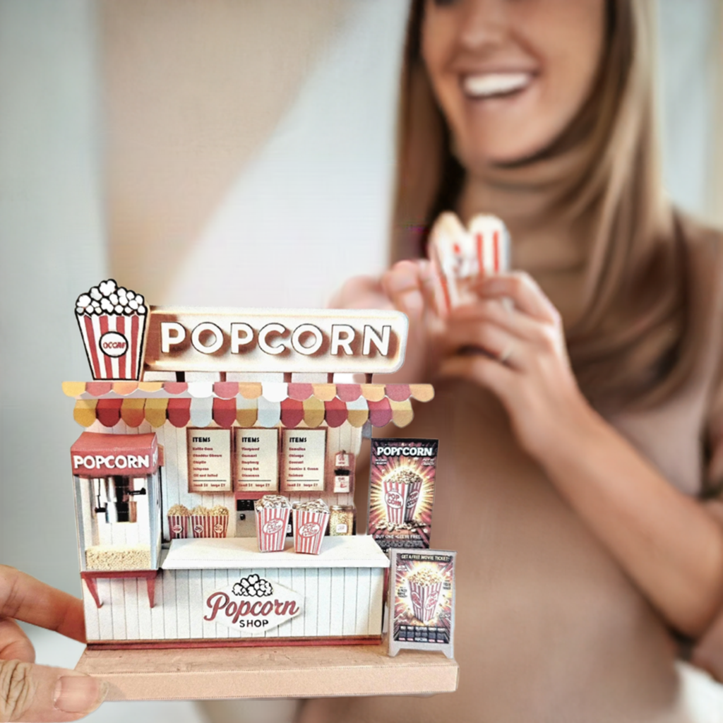 Whether as a wall decoration or a heartfelt gift, this customizable template lets you create a personalized tribute to the beauty of  Popcorn shop. This printable template brings creative 3D design to life in the form of a charming Popcorn shop miniature pop-up frame. Download and personalize it for those who appreciate the delicate. orange red color