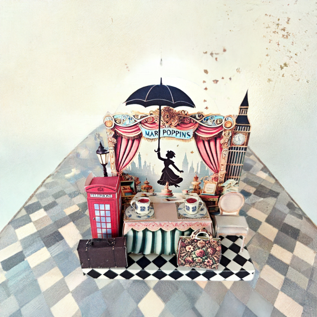 - Pick Scene Mary Poppins England Style stand - creative background, miniature kit, cute tea cup, leather bags, phone stand