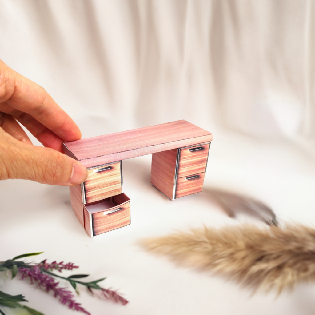 1:12 Bedroom mini wooden Desk, openable drawer - Printable Dollhouse furniture,  DIY, printable miniature template, BMM shoe box miniature