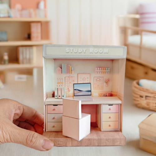  Pink Study Room- cute room, washroom, folder, laptop, table, affordable doll house miniature kit, PickScene Apartment