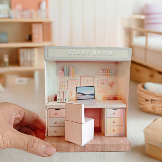 -  Pink Study Room- cute room, washroom, folder, laptop, table, affordable doll house miniature kit, PickScene Apartment