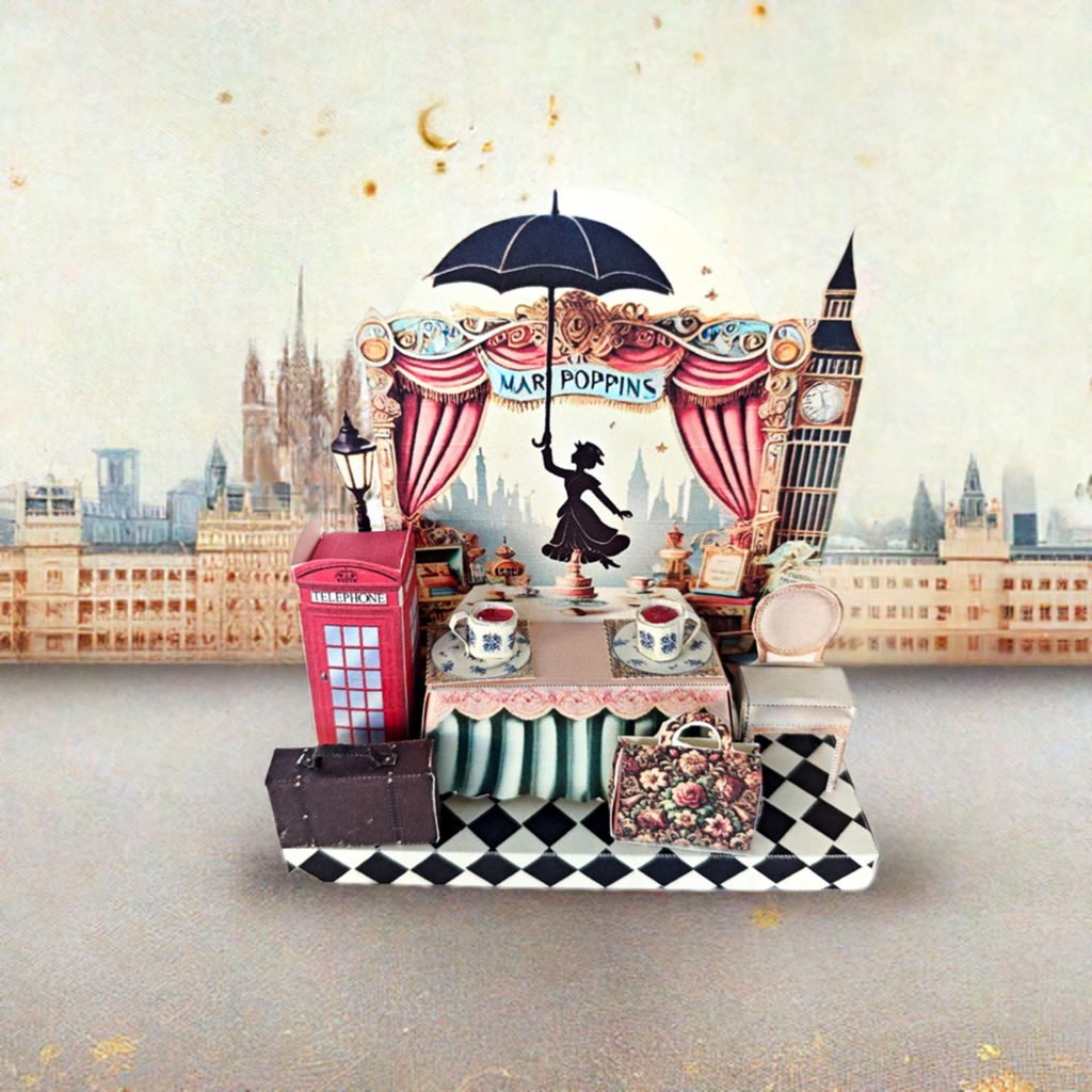 - Pick Scene Mary Poppins England Style stand - creative background, miniature kit, cute tea cup, leather bags, phone stand