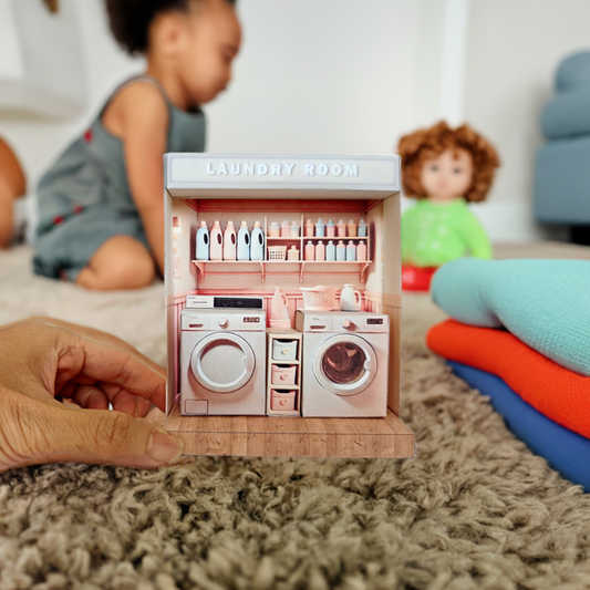 - Pick Scene Pink Laundry Room - pink room, laundry room, washing machine and dryer, affordable doll house miniature kit, PickScene Apartment