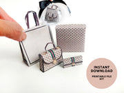 A 1:6 scale printable dollhouse set featuring four luxury brand-inspired brown shopping bags, a purse, and boxes, designed for department store or luxury home decor dioramas, ideal as yearly ornaments for miniature scenes.