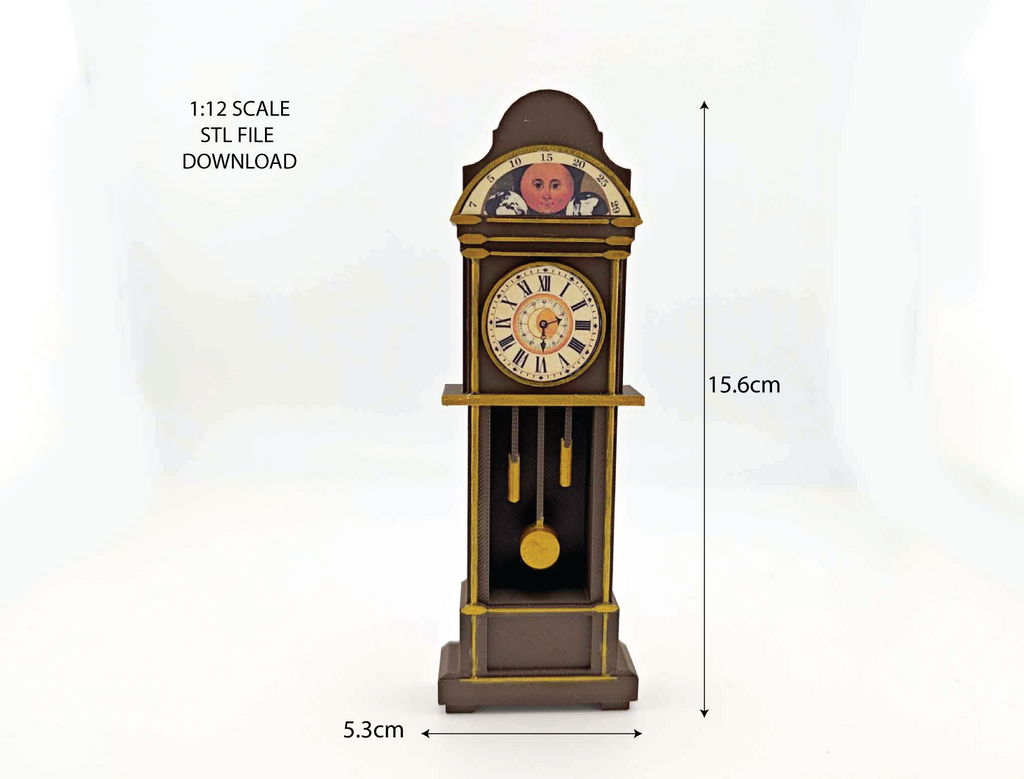 1:12 Grandfather Clock — Vintage Dollhouse STL File with Printable Sticker for DIY