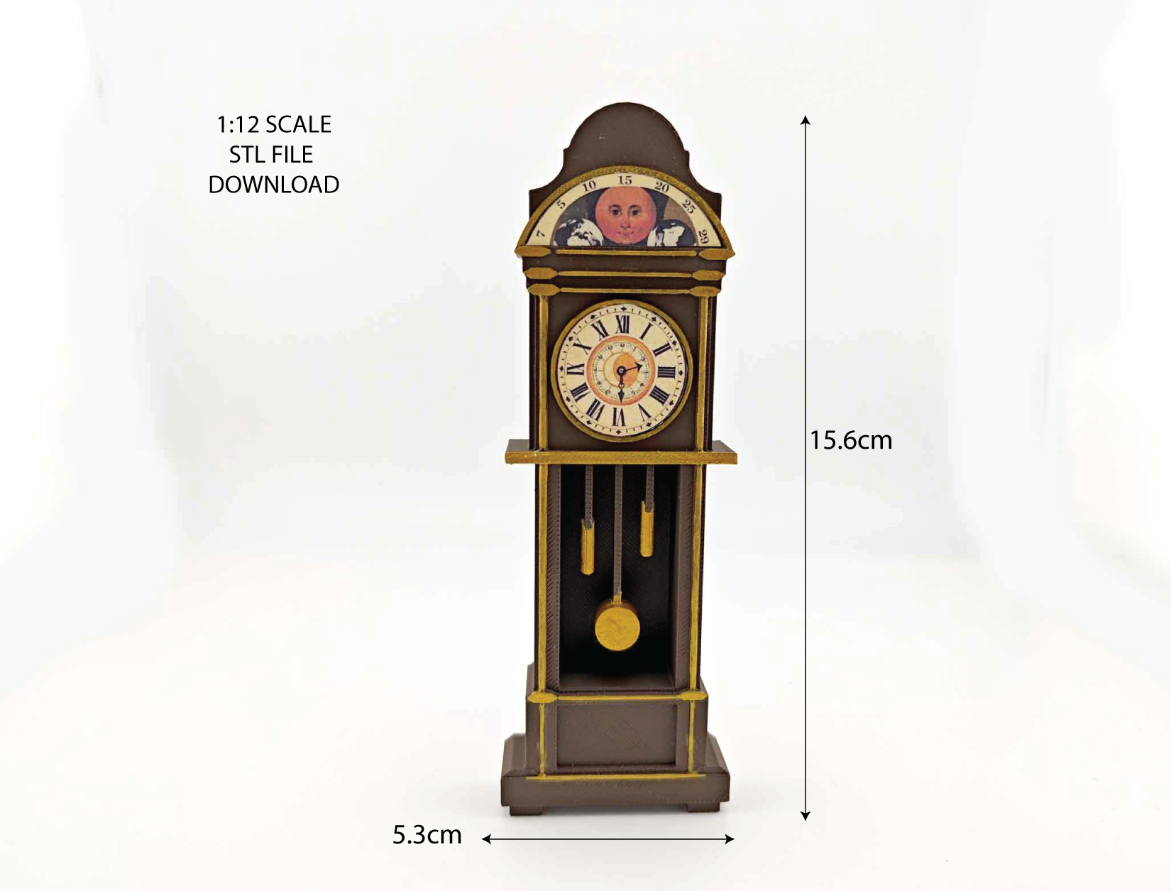 1:12 Grandfather Clock — Vintage Dollhouse STL File with Printable Sticker for DIY