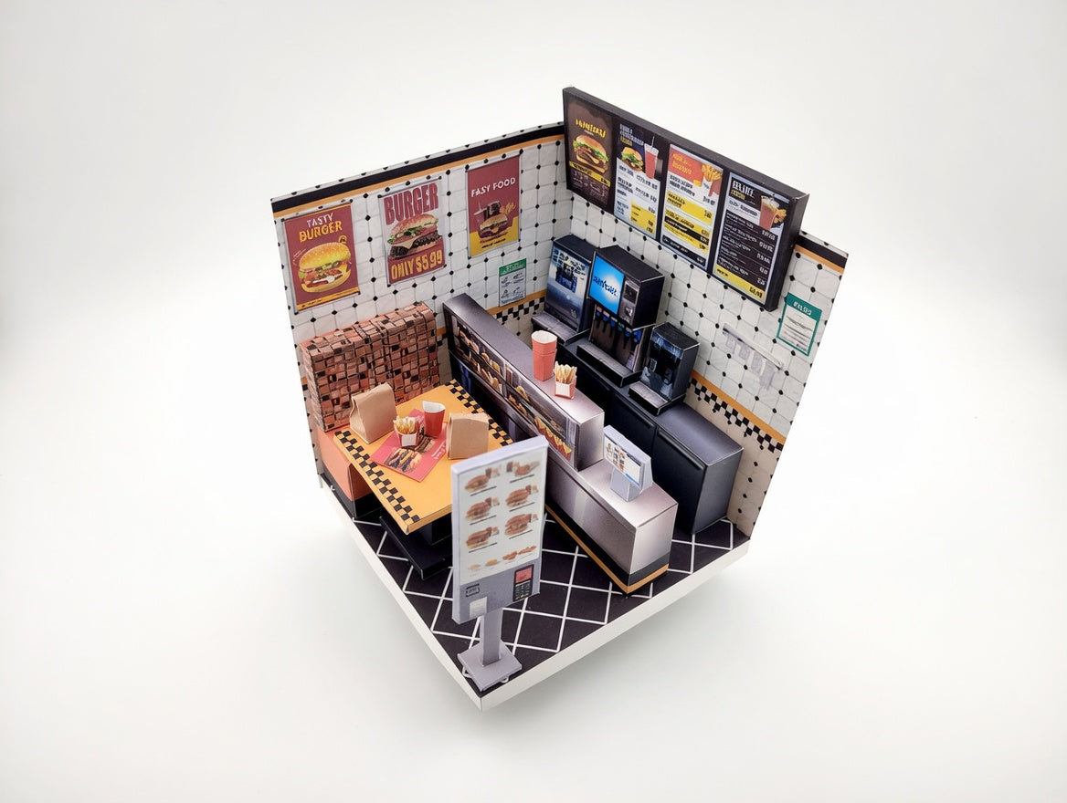 Printable 1:12 Fast Food Restaurant 6 pages  Bundle PDF, DIY Dollhouse Burger Shop Scenery, Miniature Diner Furniture & Menu, Digital Download