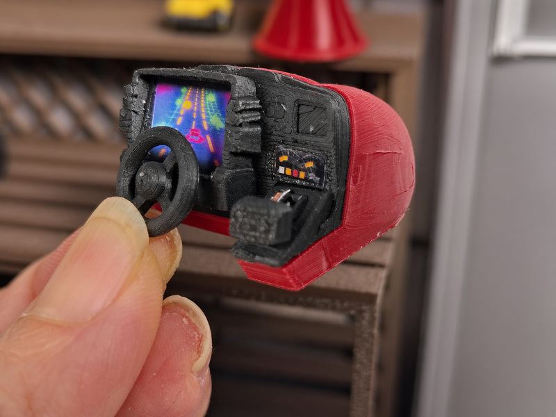 1:12 Nostalgia Miniature Arcade Driving Game Simulator Console, Tiny Racing Game Steering Wheel, Dollhouse Game Diorama (Physical Product)