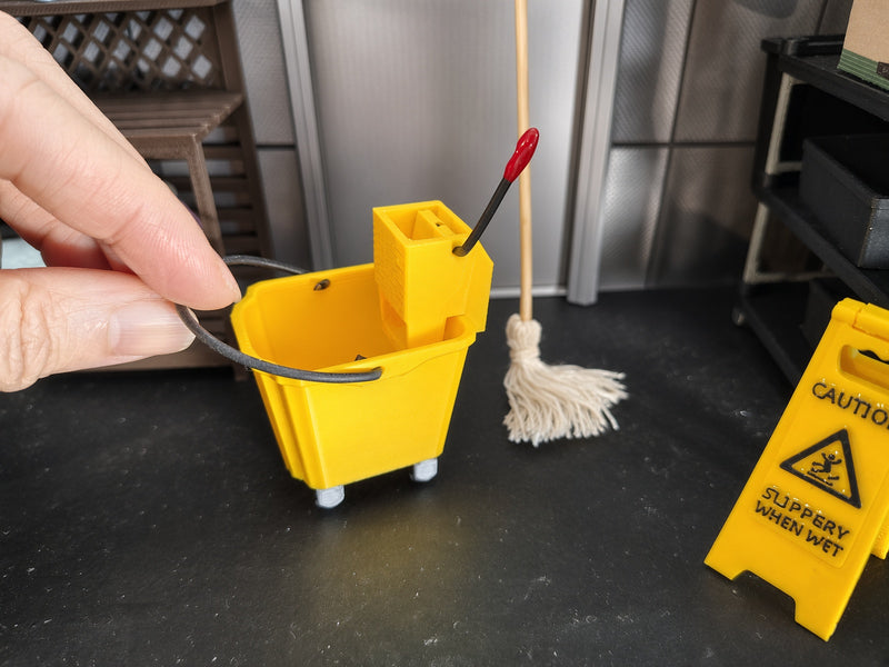 1:12 Commercial Mop Bucket Set, Handmade Tiny Cleaning Wringer Bucket Mop, Dollhouse Janitorial Diorama Prop Miniature  (Physical Product)