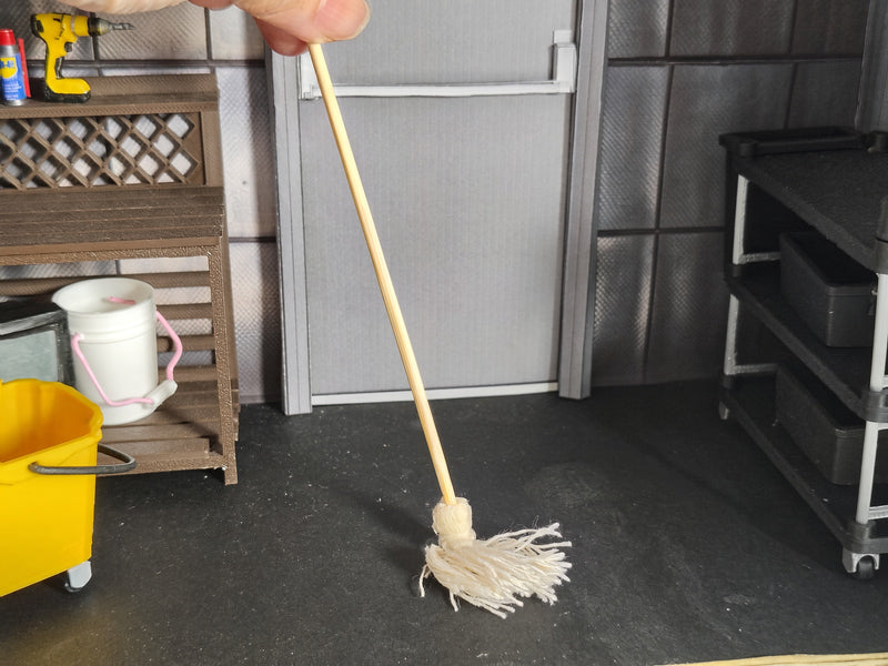 1:12 Commercial Mop Bucket Set, Handmade Tiny Cleaning Wringer Bucket Mop, Dollhouse Janitorial Diorama Prop Miniature  (Physical Product)