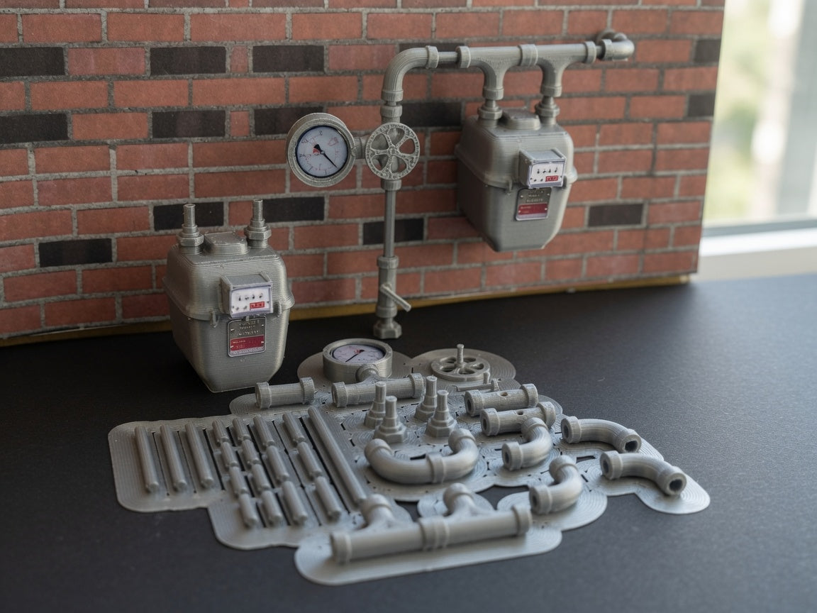 1:12 Scale Miniature Gas Pipe System Kit, Utility Meter Iron Pipes Valves Modular Assembly Dollhouse Industrial Exterior Basement Accessory