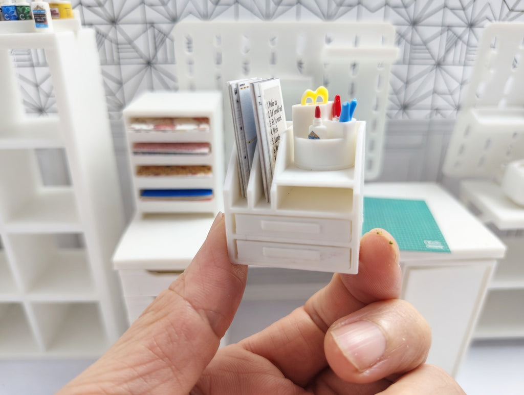 1:12 Scale Craft Desk Set – Miniature Organizer, Glue, Scissors, Pens (Physical Product)