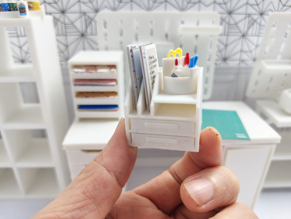 1:12 Scale Craft Desk Set – Miniature Organizer, Glue, Scissors, Pens (Physical Product)
