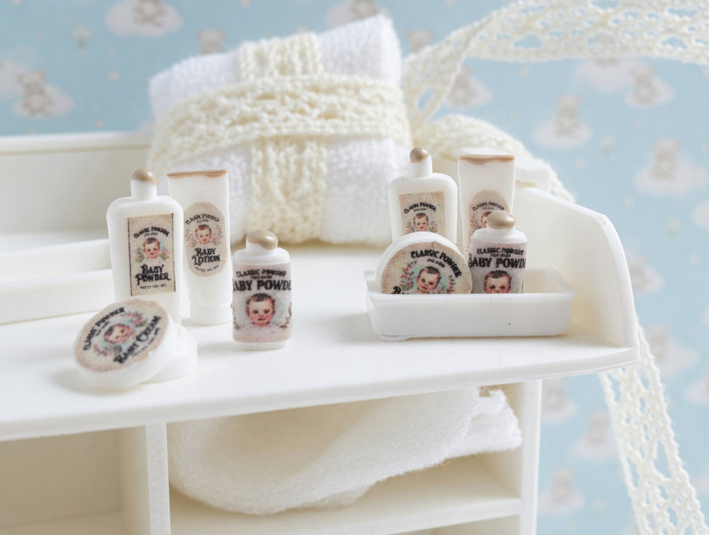 1:12 Scale Miniature Baby Care Set, Handmade Tiny Powder Bottles and Lotion with Tray, Dollhouse Nursery Accessories
