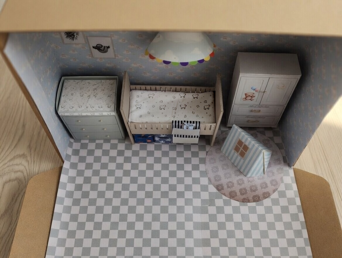 BMM Shoe Box , 1:12 , 4-5inch doll Living Room 10 in 1, Baby bed, diaper changing area, play tent, rub and closet, Dollhouse furniture, DIY, diorama