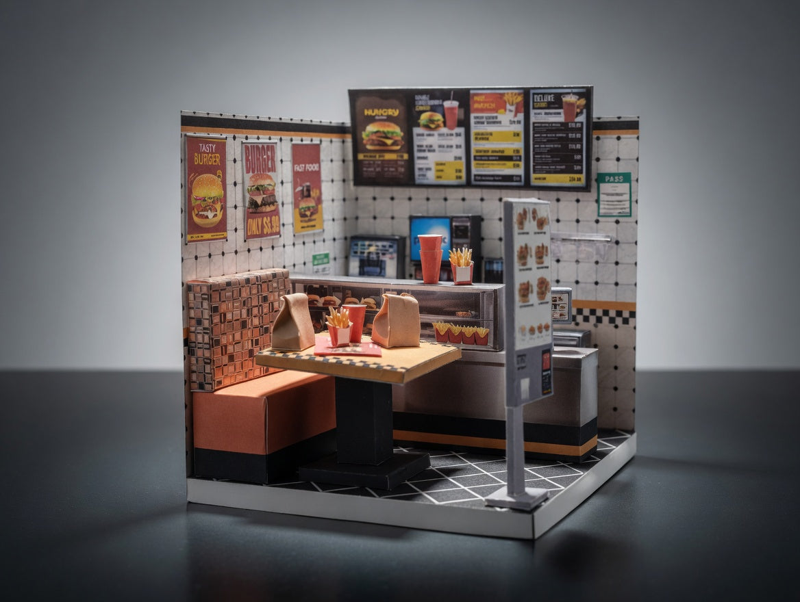 Printable 1:12 Fast Food Restaurant 6 pages  Bundle PDF, DIY Dollhouse Burger Shop Scenery, Miniature Diner Furniture & Menu, Digital Download