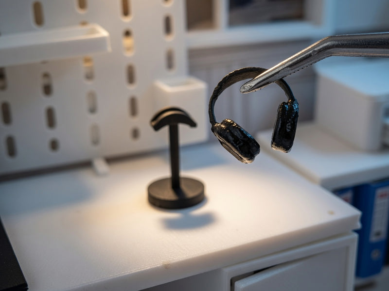 1:12 Scale Miniature Over-Ear Headphones with Stand, Tiny Gaming Headset Music Studio Prop Dollhouse Office Desk Tech Accessory Set