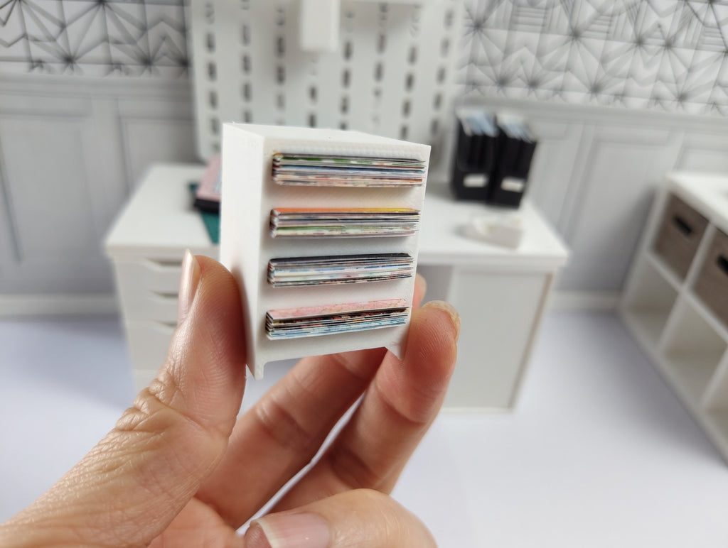 1:12 Scale Miniature White Paper Organizer with 77 pieces colorful card stock paper (Physical Product)