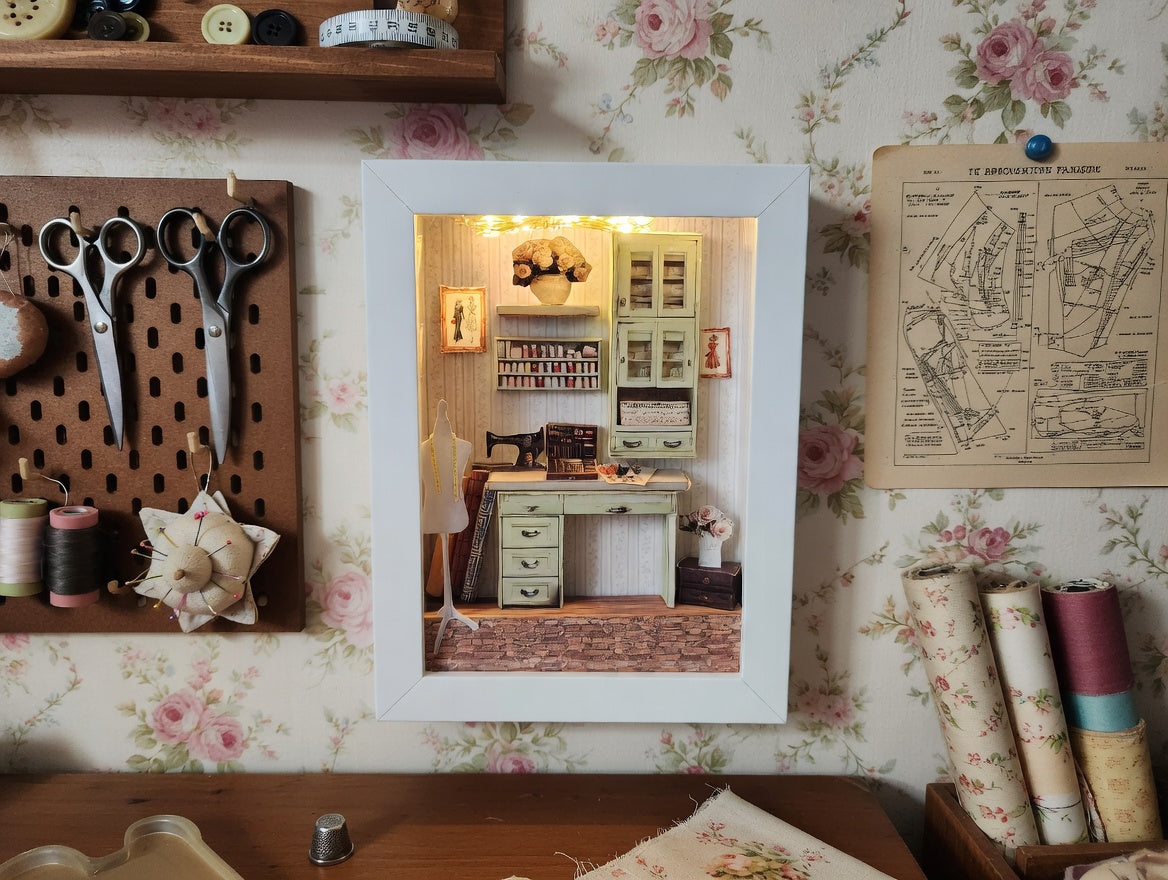 Printable 1:12 Sewing Room Photo Frames Kit, Miniature Stitching Machine & Tool Box Decor, Dollhouse Gallery Wall Template, Digital Download